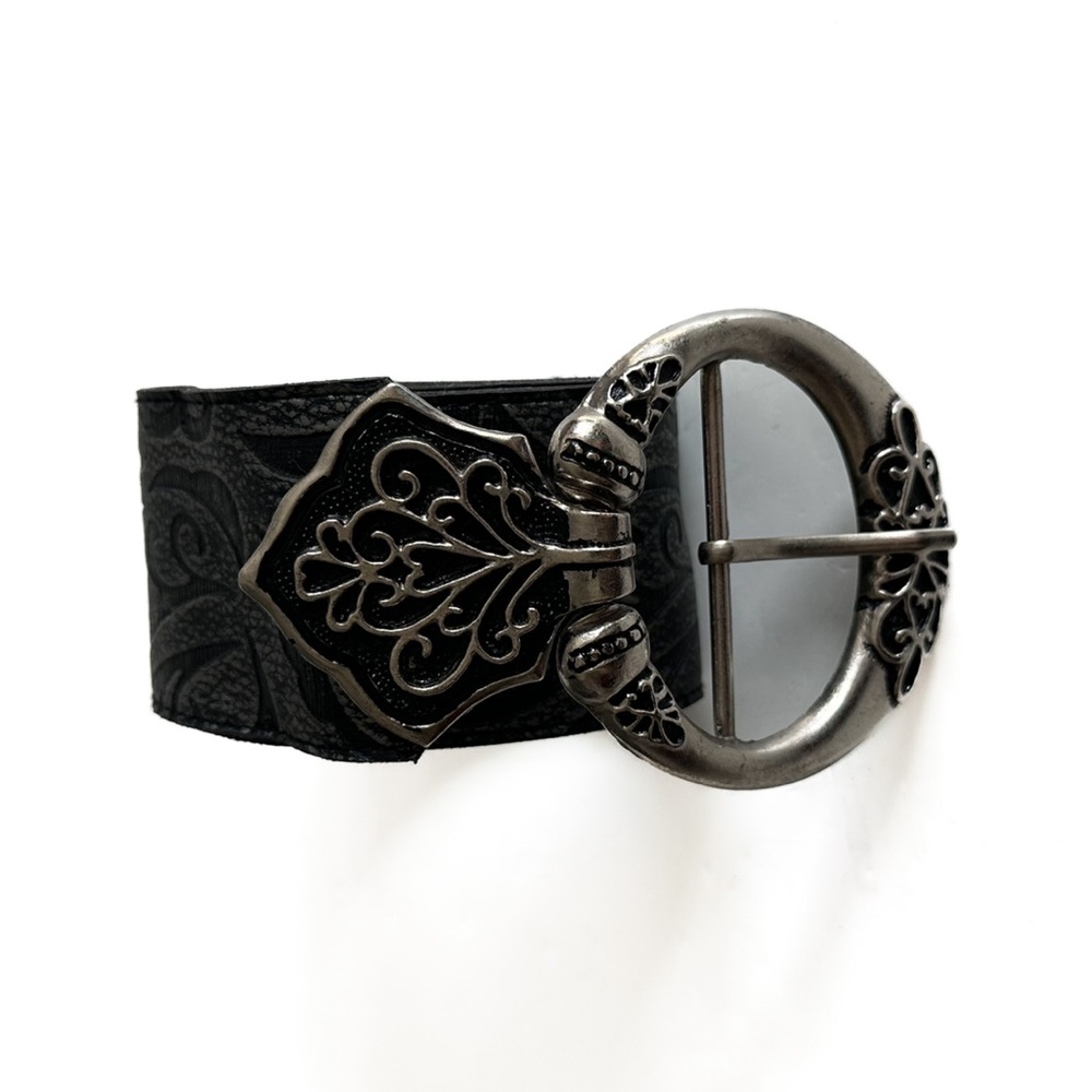 Stylish Black Belt with Intricate Silver Buckle